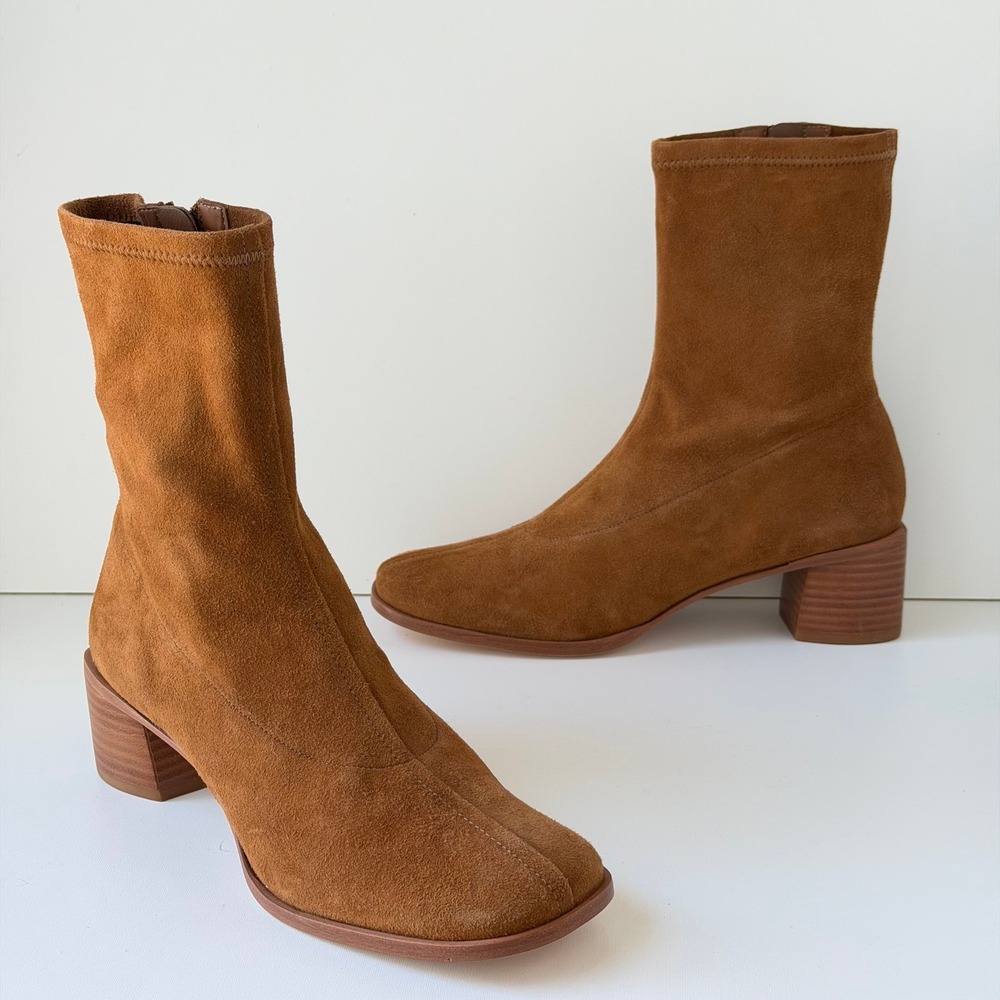 Reformation Louie Stretch Sock Boot Women 8.5 Brown Suede Square Toe Block Heel - Picture 3 of 13